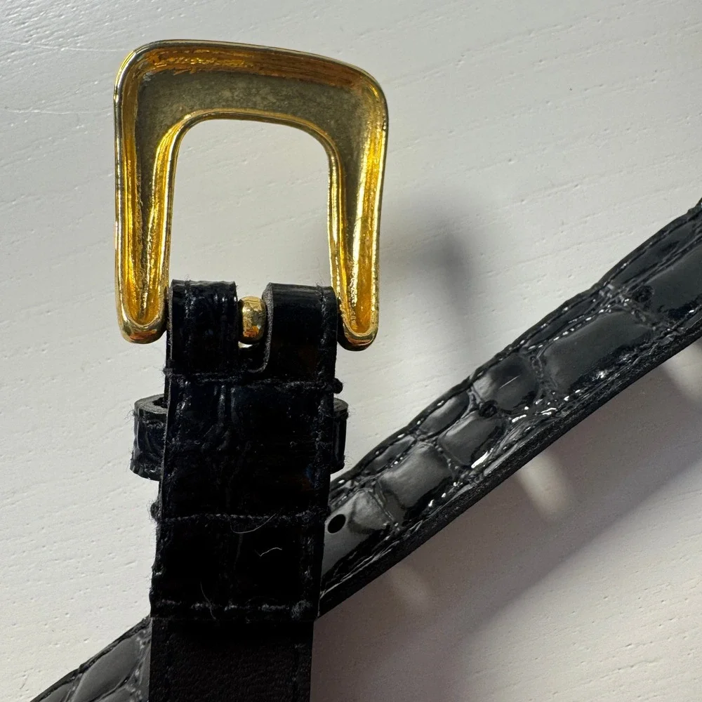 Vtg Black Croc Embossed Skinny Belt Gold Buckle Old‎ Money Preppy Chic Quiet Lux